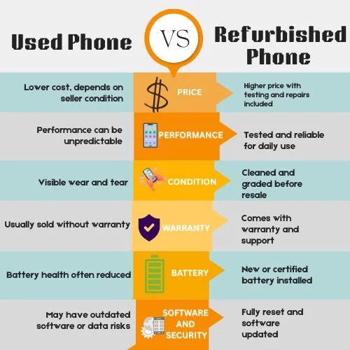 Comparison chart of used phone vs refurbished phone showing differences in price, performance, condition, warranty, battery health, and software security updates.