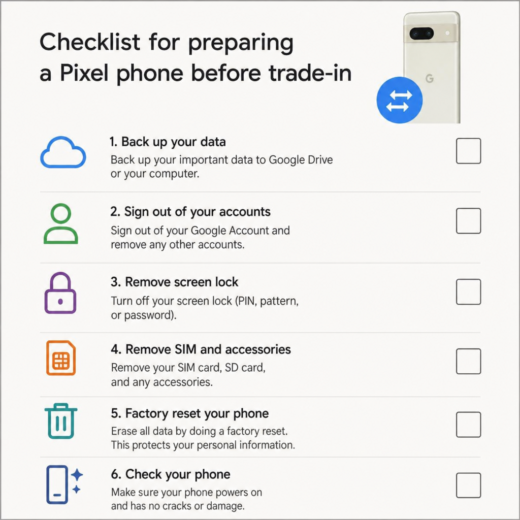 checklist for preparing a pixel phone before trade in